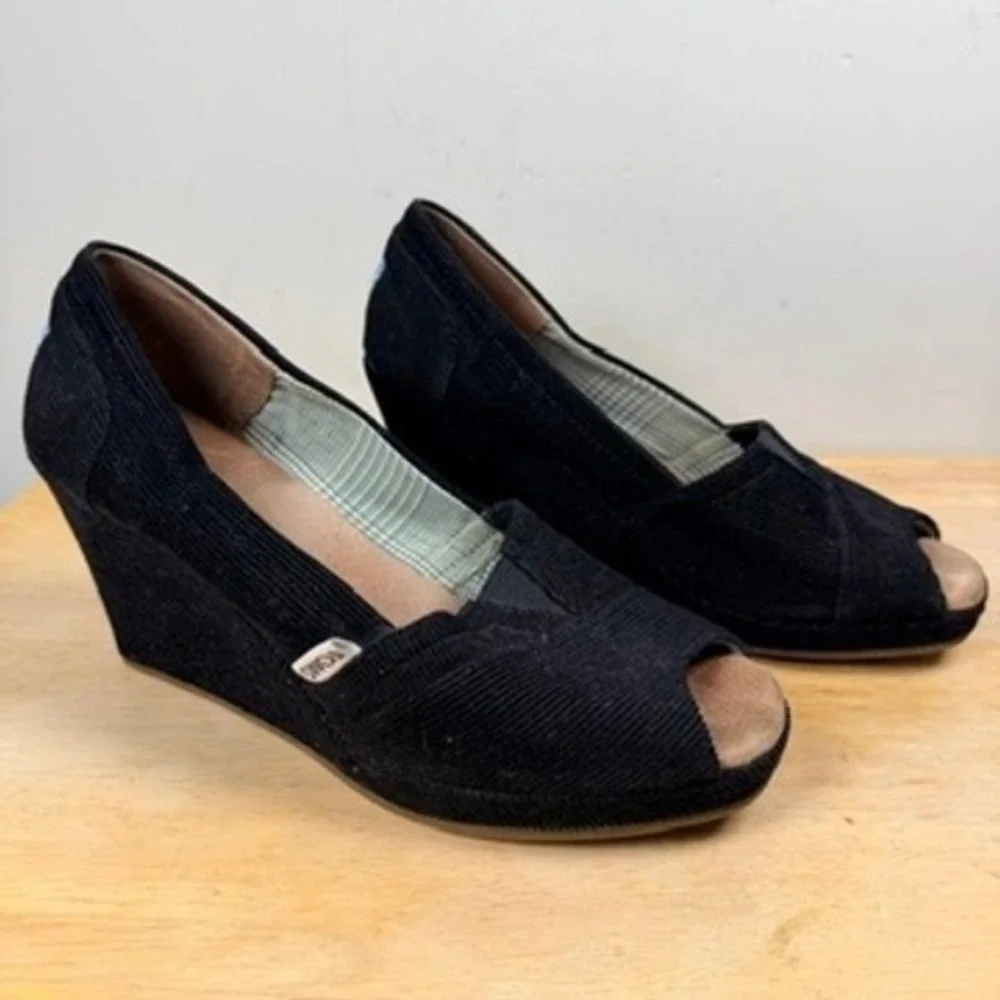 TOMS Classic Espadrille Wedge Heels Womens 7 Black Corduroy Peep Toe Shoes Y2K